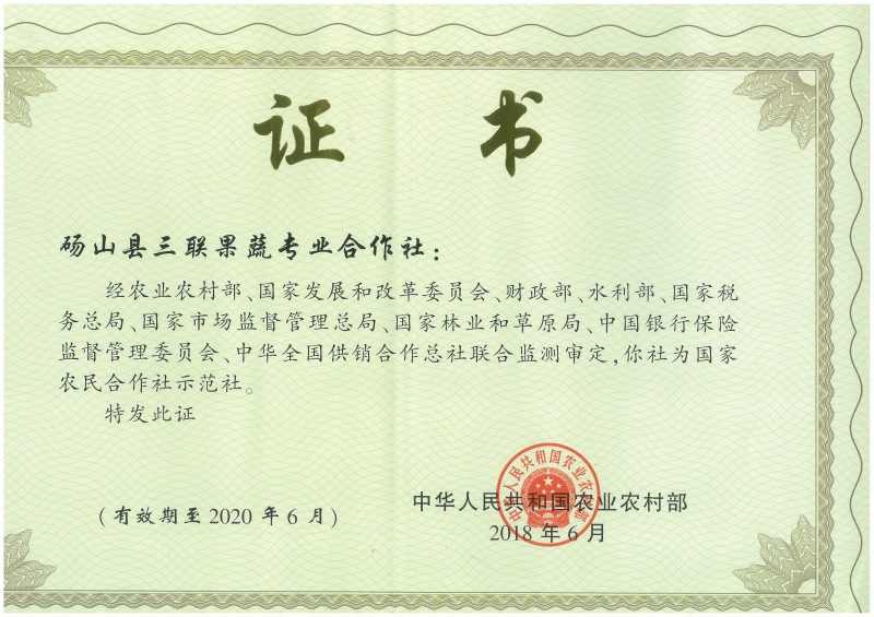 国家农民合作社示范社证书